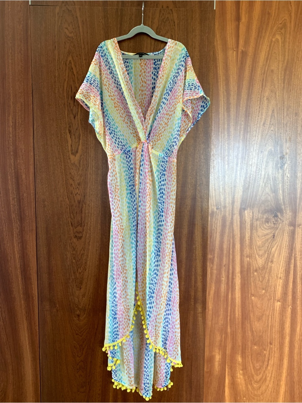America & Beyond Pastel Rainbow V-Neck Maxi Coverup with Pom Trim